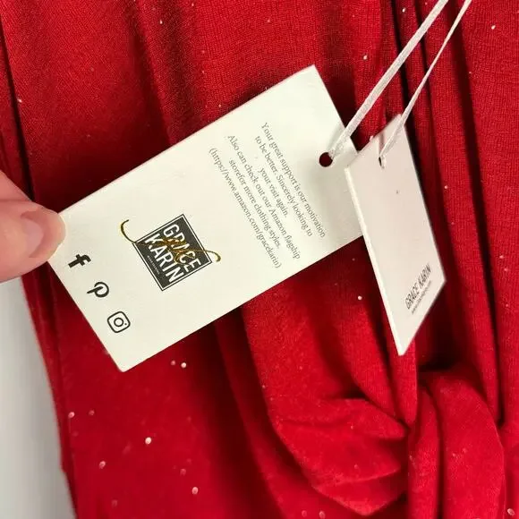 NWT GRACE KARIN | Red Sparkle One Shoulder Front Tie Stretch Dress | Women's 2XL - Picture 9 of 9